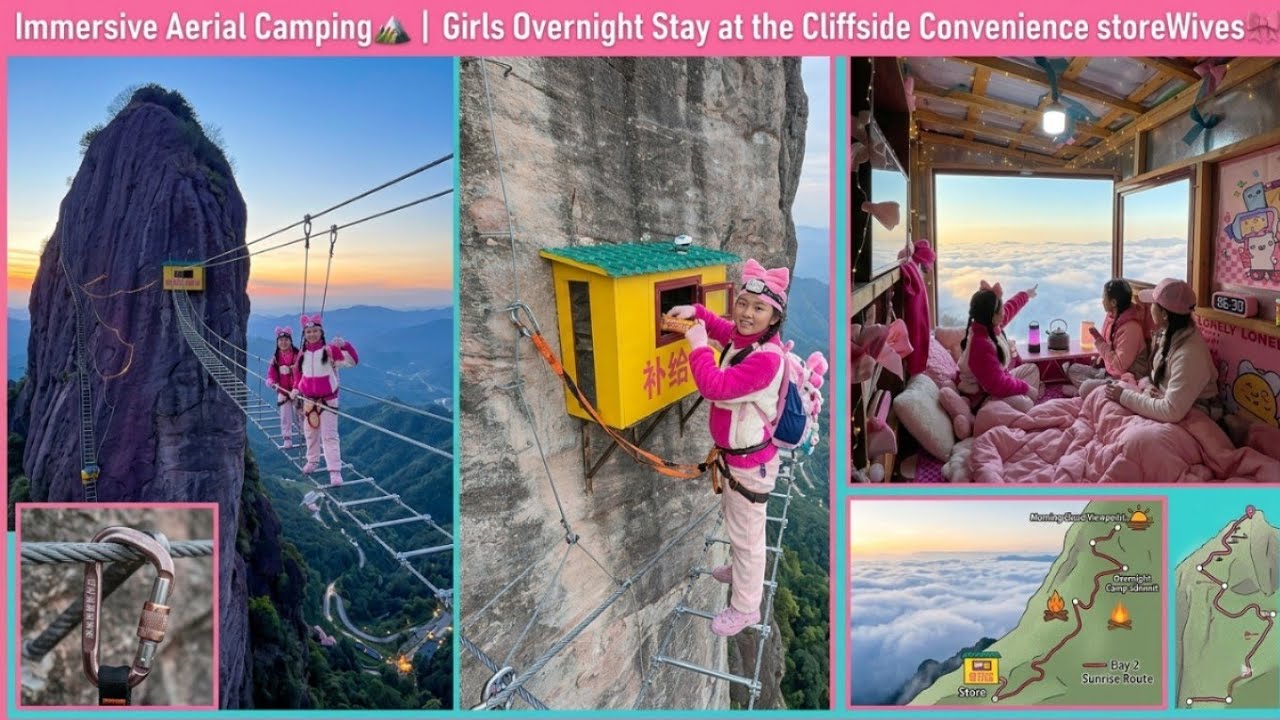 Immersive Aerial Camping🏔️ | Girls Overnight Stay at the Cliffside Convenience storeWives🎀