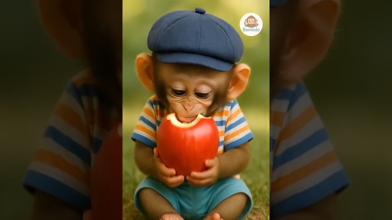 cute monkey love apple 🍎