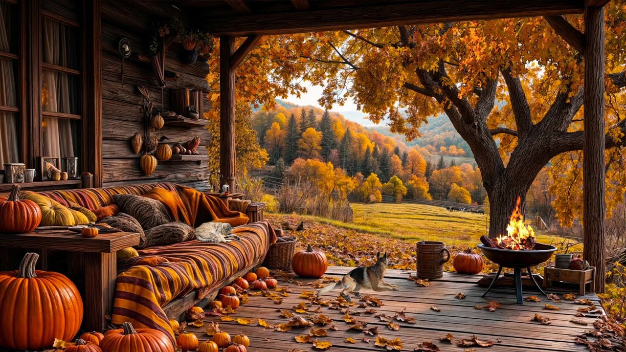 🍁 Cozy Autumn Porch Ambience  & Crackling Fire | No Ads | Peaceful Fall Sounds for Relaxation 🐾🔥