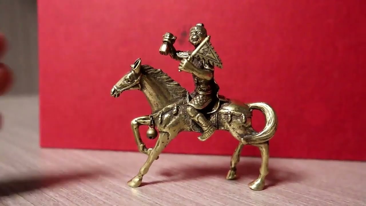 Pure Brass Monkey King Riding War Horse Statue Miniature Figure Tea Pet Ornament