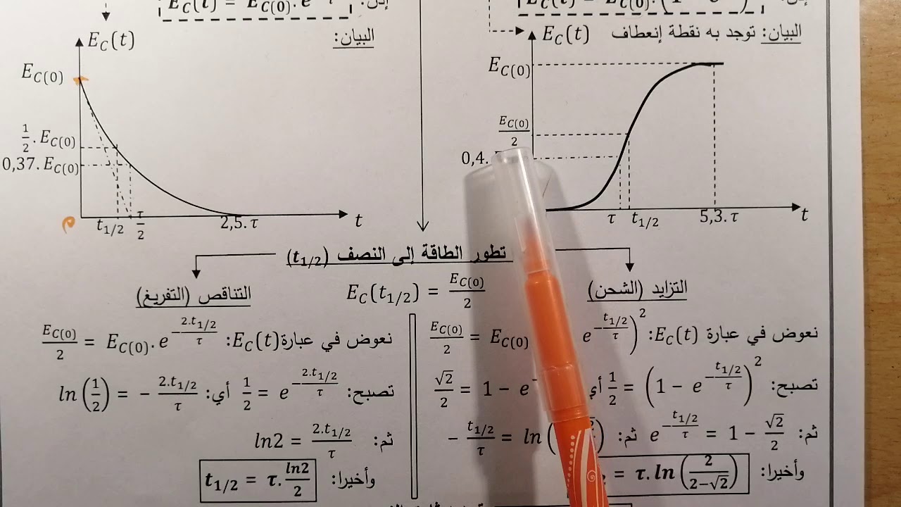 كل شيء عن طاقة مكثفة في الدارة RC: قوانينها، تطورها زمنيا، استنتاج t1/2 و طو (شحنا وتفريغا)