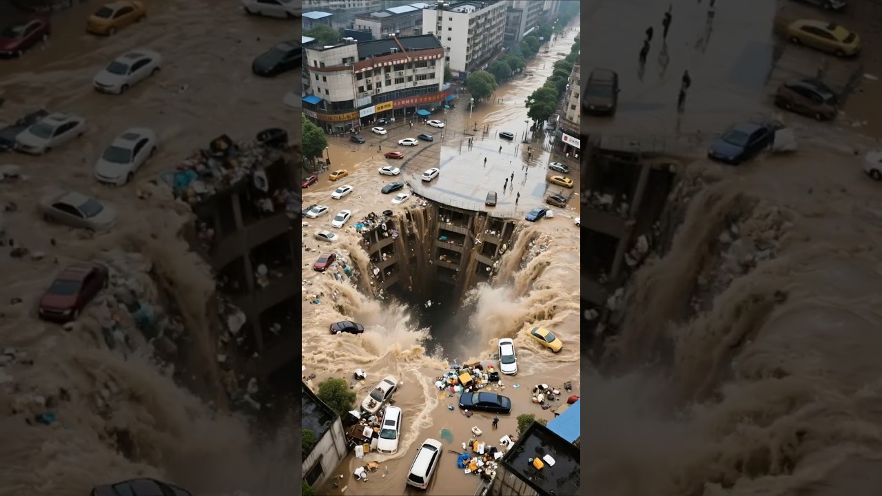 China Flood Disaster &ndash; Massive Sinkhole Swallows Cars and Debris