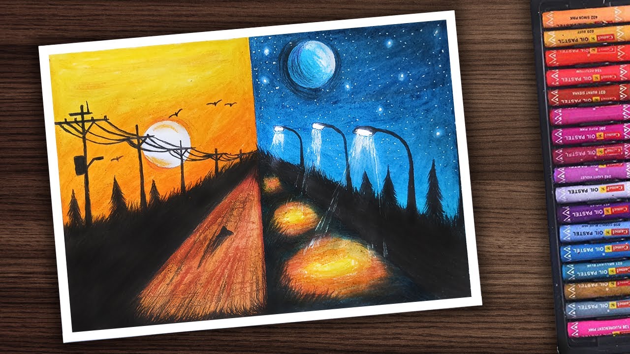 Side By Side Day & Night Scenery Drawing With Oil Pastel | Art with Tamim