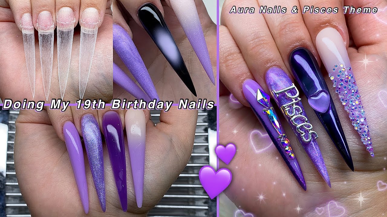 DOING MY 19TH BIRTHDAY NAILS💜 TRYING AURA NAILS & PURPLE PISCES NAIL DESIGN! | Nail Tutorial