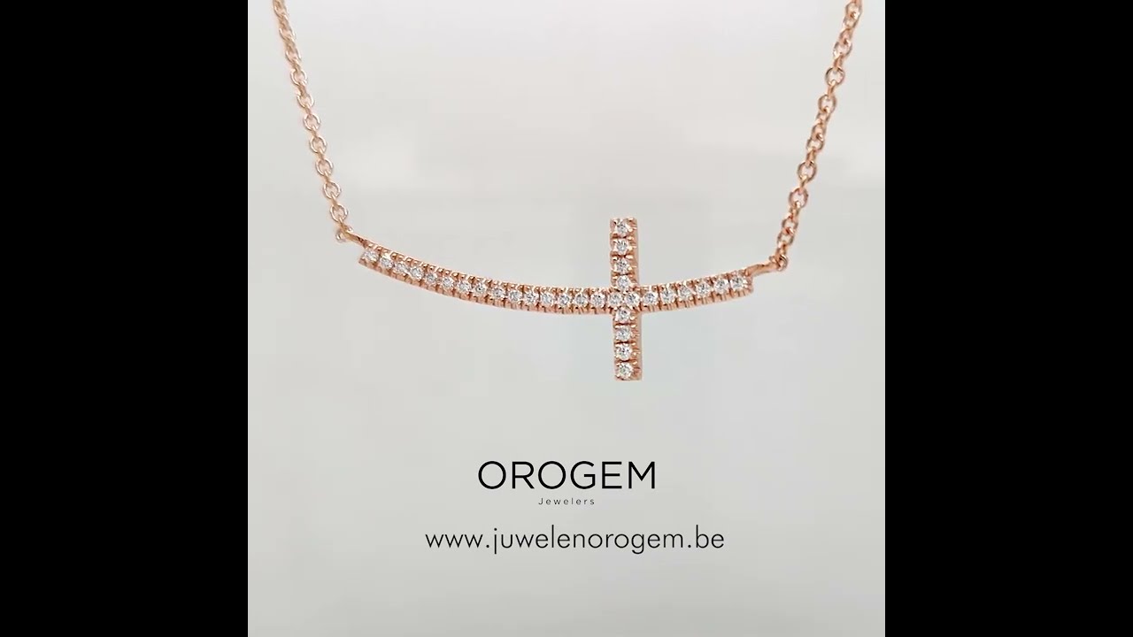 Diamond curved sideways cross necklace pink gold 18k
