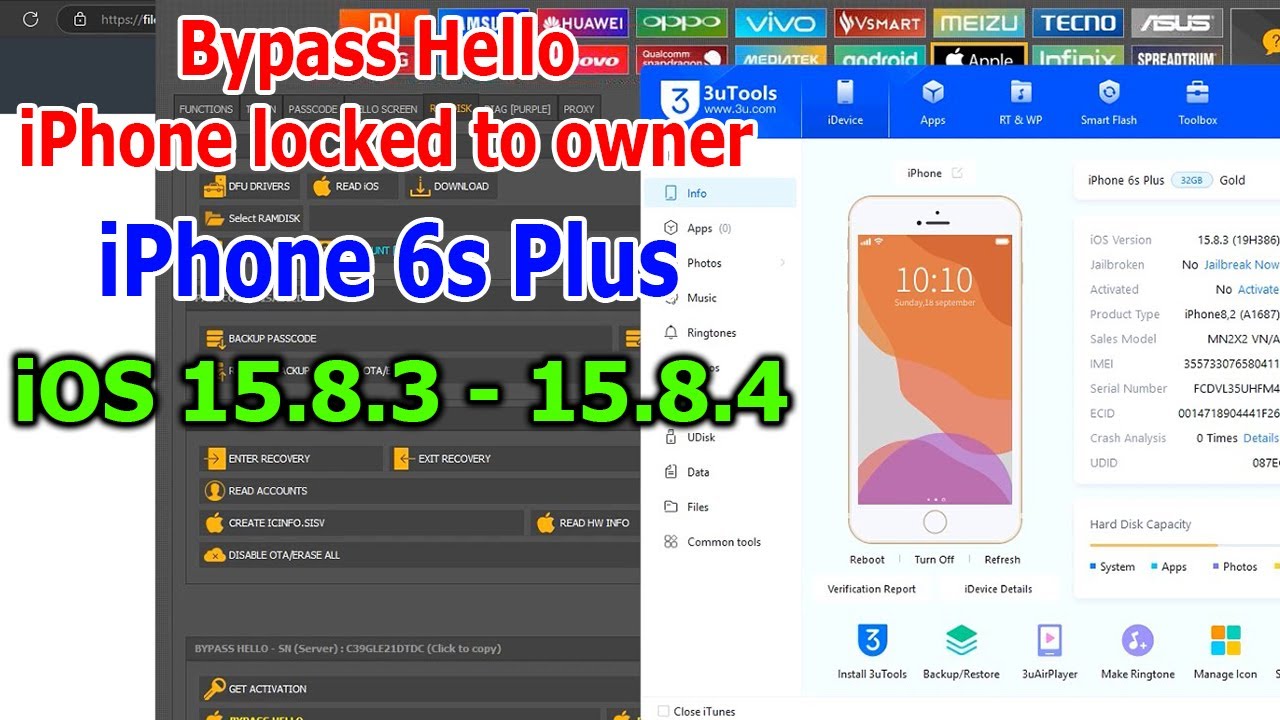 Bypass iCloud Hello, iPhone locked to owner iPhone 6s Plus iOS 15.8.3 - 15.8.4 via UnlockTool