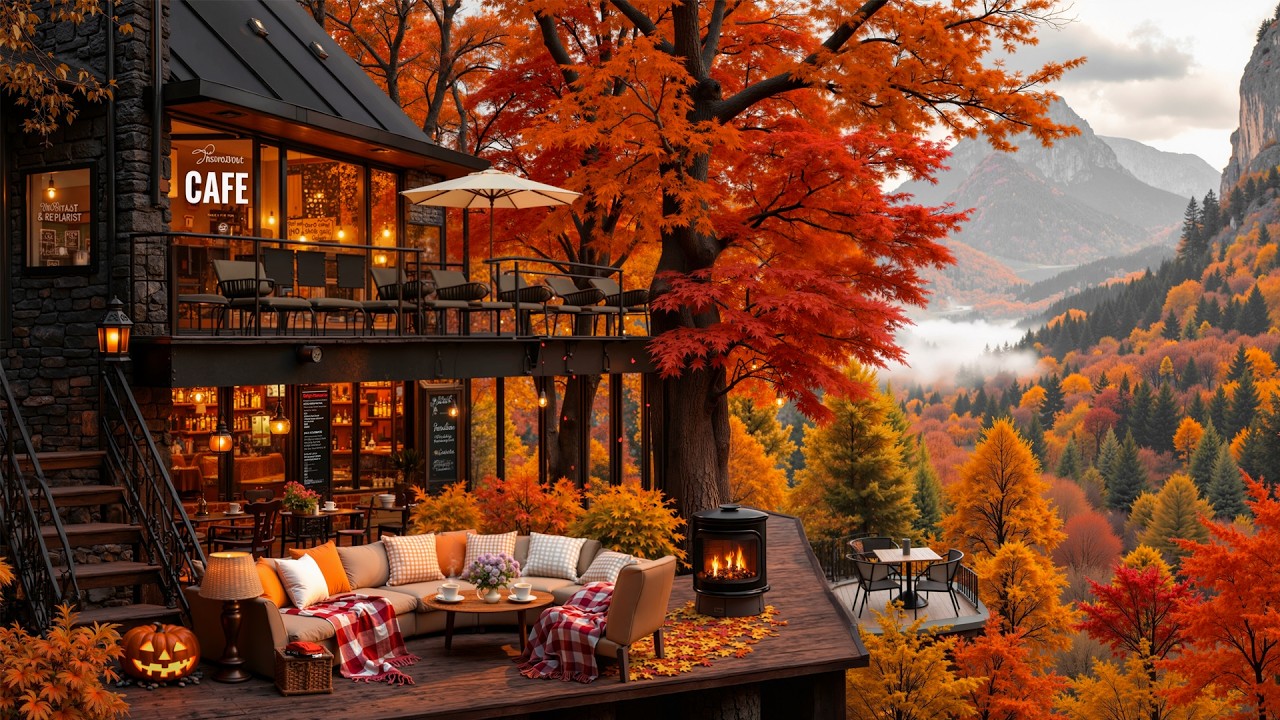 Autumn at a Scenic Caf&eacute; 🍂 Cozy Fall Caf&eacute; Ambience & Smooth Autumn Jazz Piano Music for Work & Study