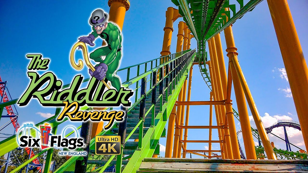 2023 Riddler Revenge Roller Coaster On Ride Front Seat 4K POV Six Flags New England