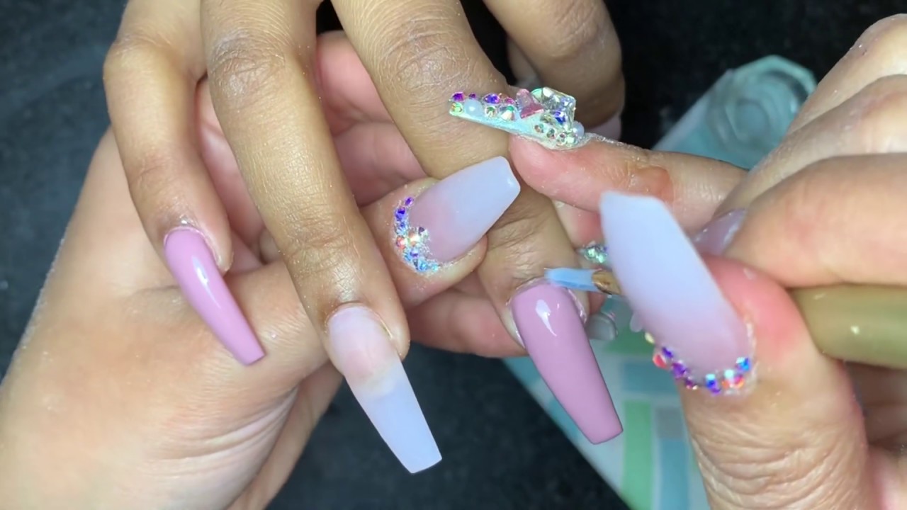 Acrylic Nails Tutorial | Pink Bling Nails | Acrylic Coffin Nails