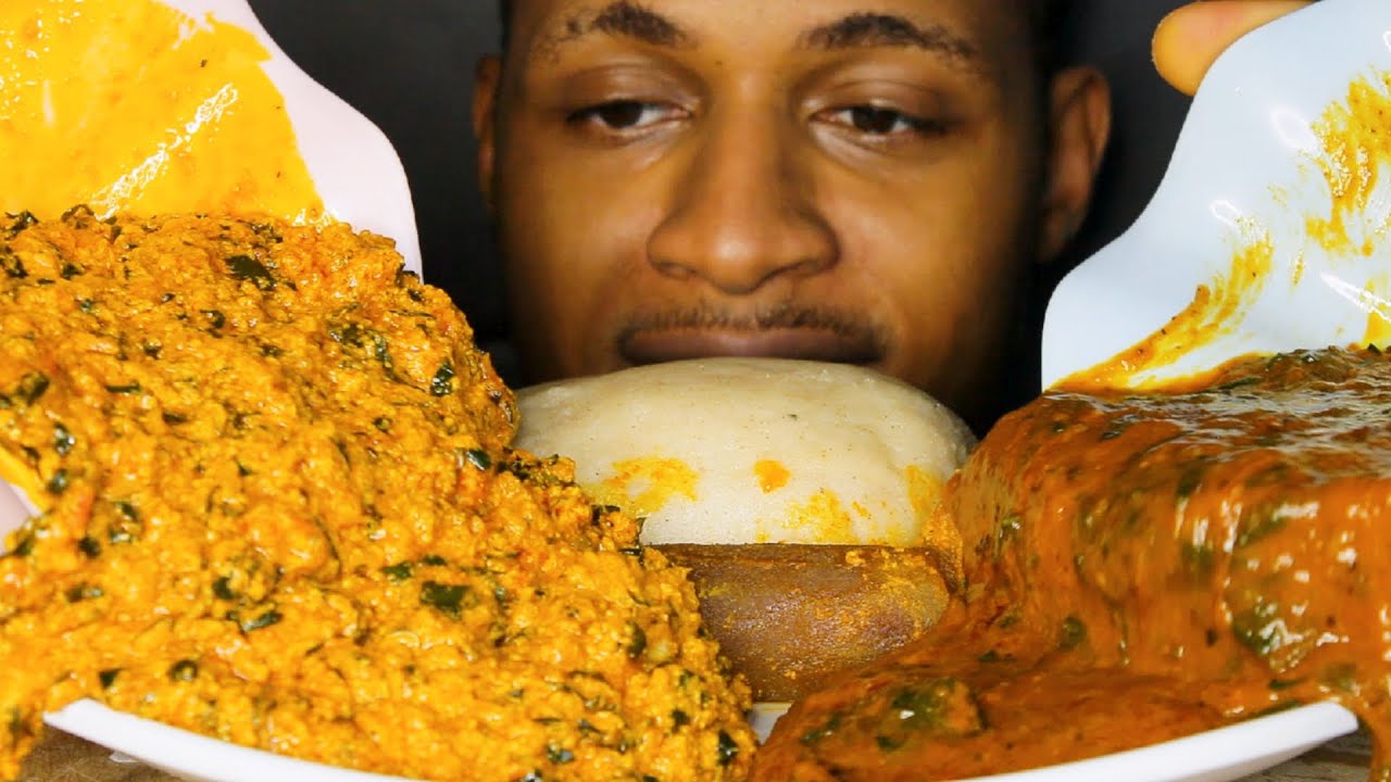ASMR Mukbang Mixing Egusi & Ogbono Soup Cow Beef & Ponmo | Intense Messy Eating