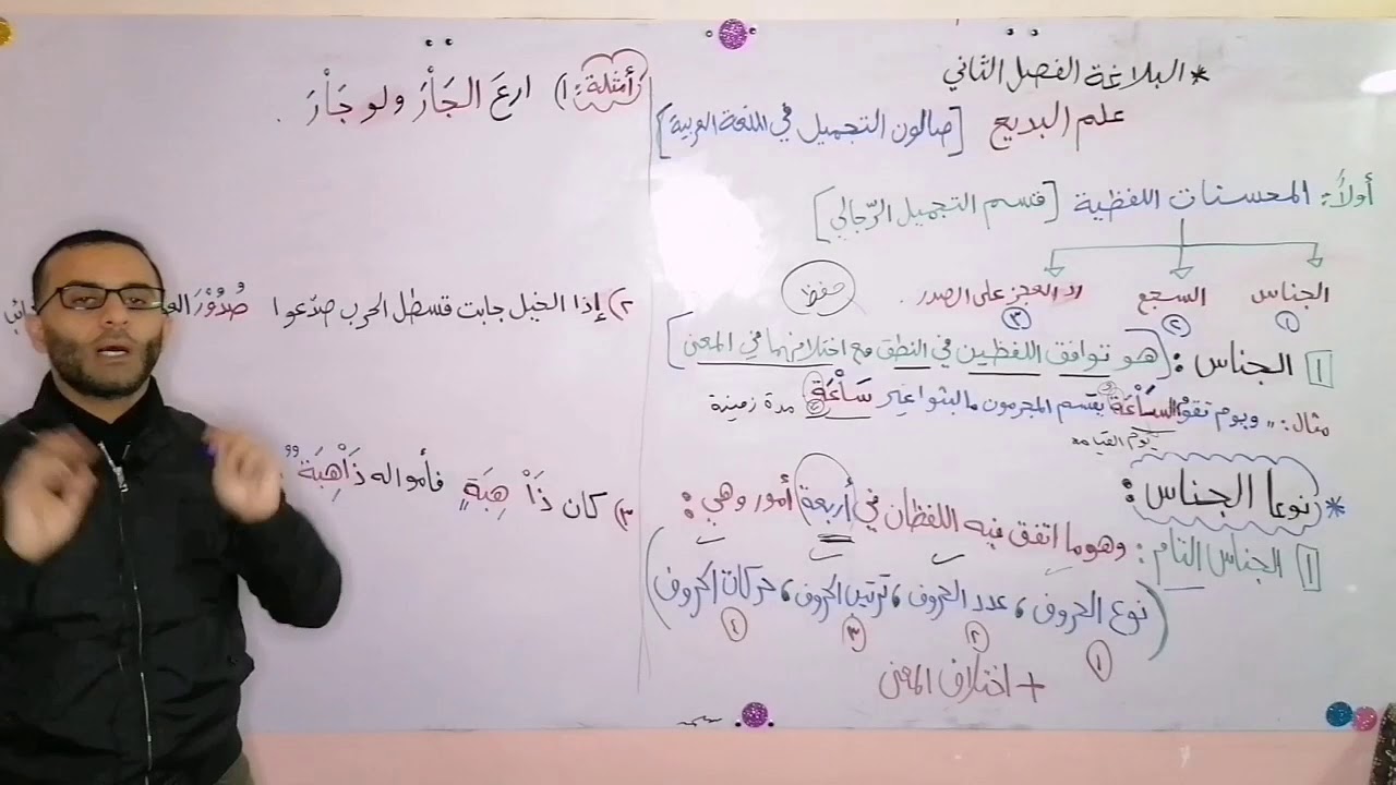 مادة البلاغة # علم البديع ( الدرس الأول من المحسنات اللفظية {الجناس} عربي التخصص ف٢