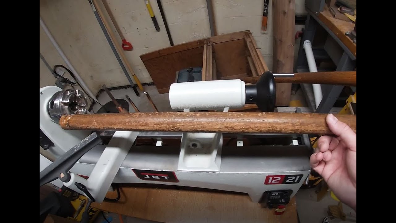 Sanding Wood Closet Dowel Rods on Lathe with DIY Steady Rest