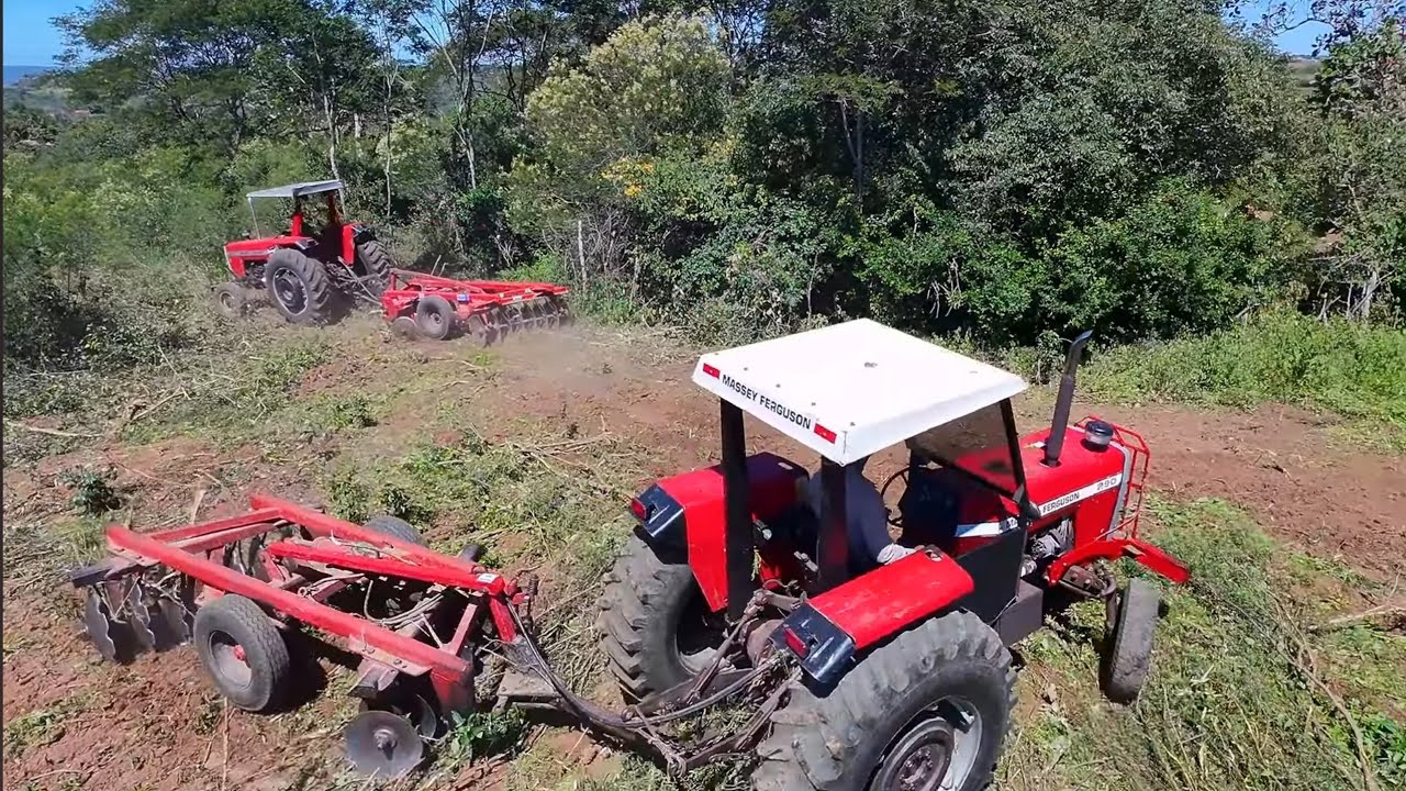 Pai e filho botando furando no mato com os tratores MF290 - imagem do drone neo