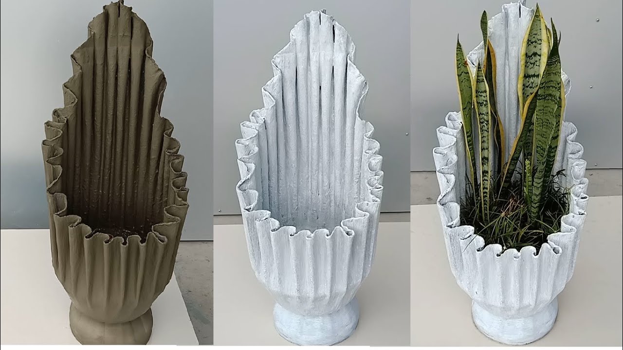 DIY -  Cement / Unique and beautiful flower pot made from cement with rags
