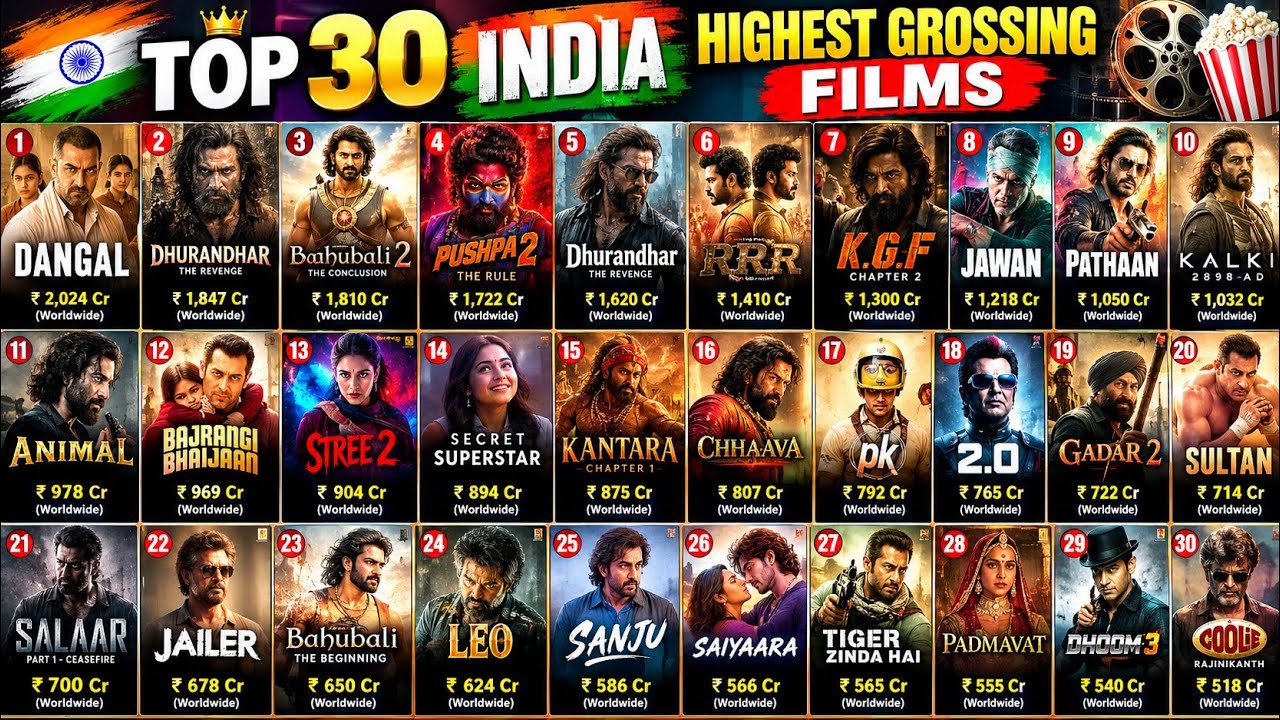 :🔥 Top 30 Highest Grossing Indian Movies | Worldwide Box Office Collection | All Time #viral 