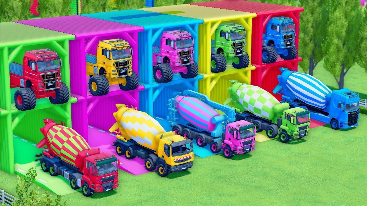 MONSTER FLATBED TRUCK LONG CONVOY TRANSPORT OF COLORS! ALL  MIXER TRUCKS, RENAULT, MAN, VOLVO ! FS25