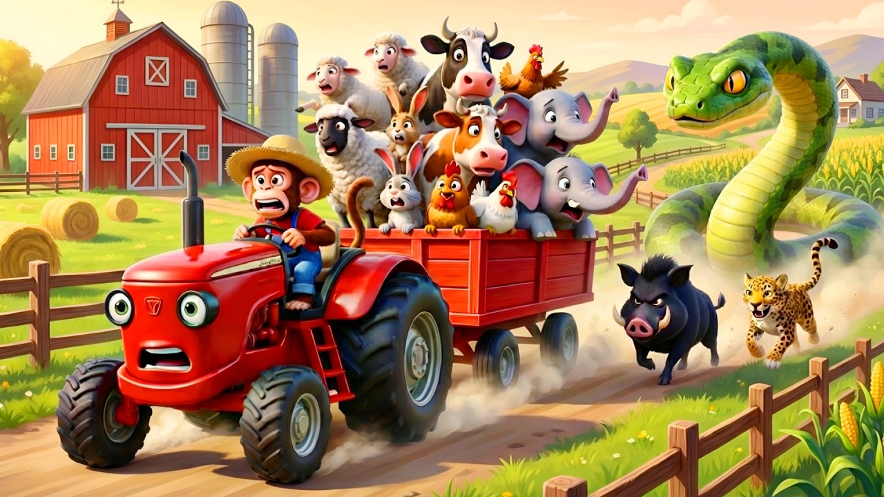 Cute Monkey Farm Adventure Fighting Wild Boar & Chasing Away Giant Snake | Funny Farm Cartoon