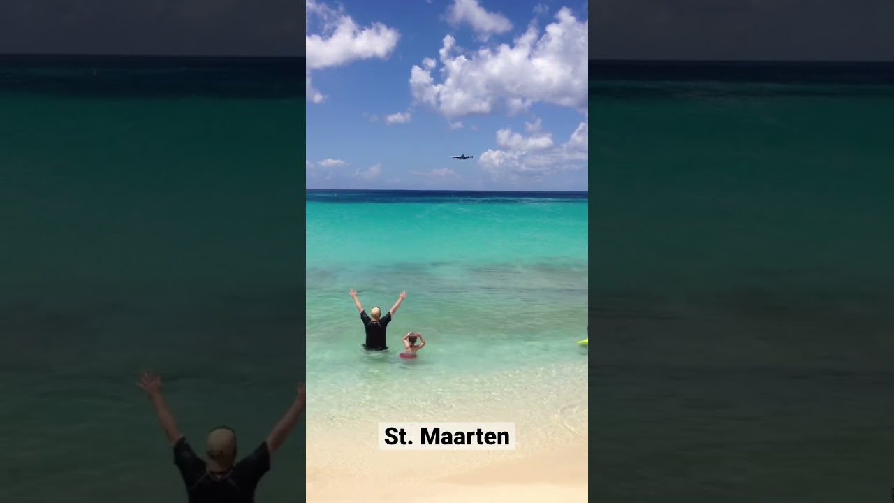 Crazy Airport Landing at Maho Beach in St. Maarten #mahobeach #stmaarten #crazy #extreme #beach
