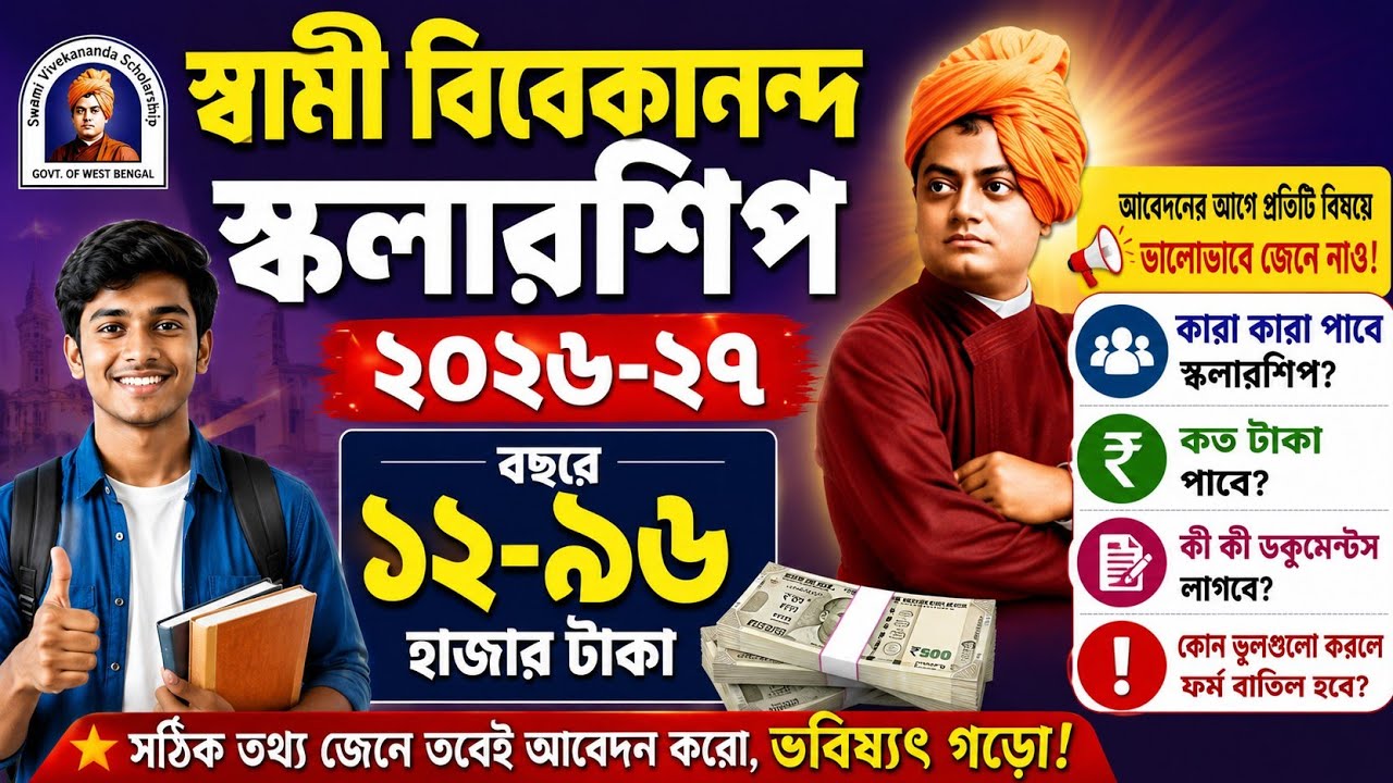 Swami Vivekananda Scholarship 2026 | Eligibility, Documents, Amount| SVMCM scholarship 2026-27 apply
