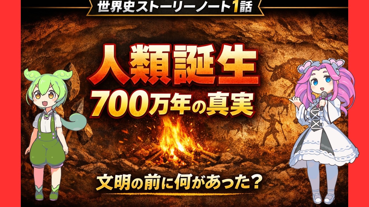 世界史ストーリーノート全200話 第1話｜人類誕生のすべて【ずんだもん解説】直立二足歩行・石器・火・言語・ネアンデルタール人】