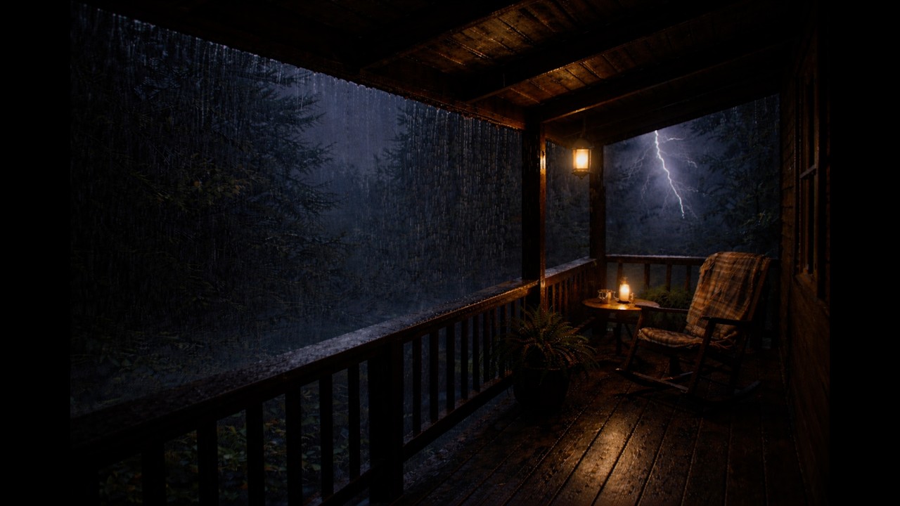 Heavy Rain and Thunder on a Covered Porch at Night | 8 HoursCovered Porch | 8 Hours