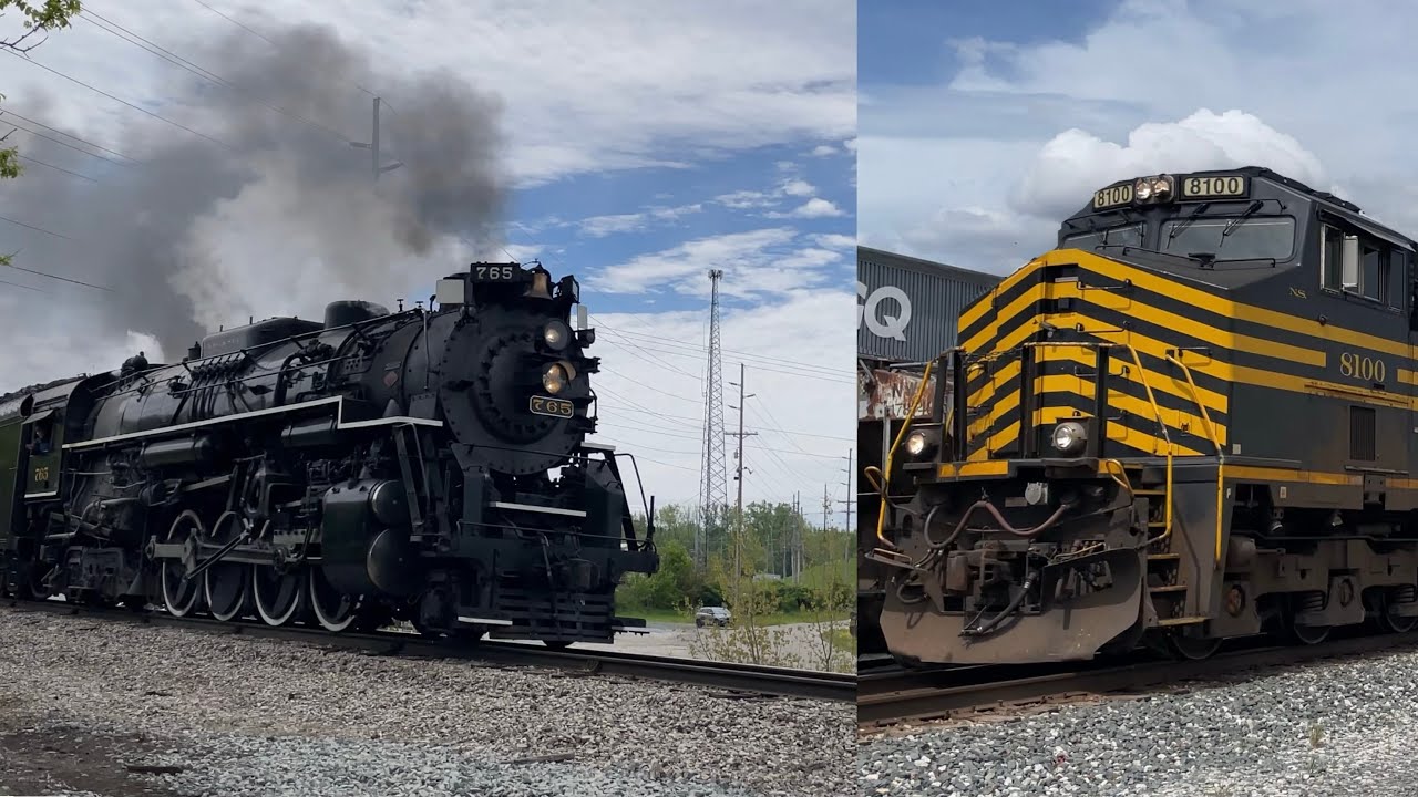 NKP 2-8-4 765 traveling on W&LE and NS (with 8100) from Brewster, OH to Fostoria, OH on ￼￼￼5/12/25