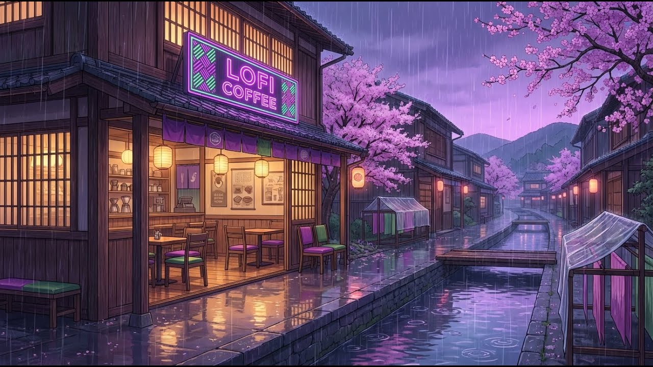 Quiet Sakura Street under Neon Lights 🌸🌙 Lofi Coffee for Study, Focus, and Late Night Calm