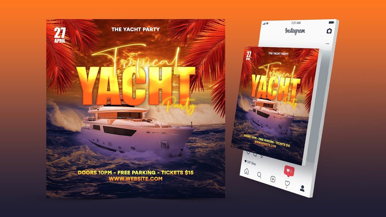 Tropical Yacht Party Social Media Post and Square Flyer Design | Photoshop Tutorial