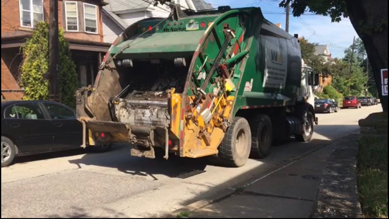WM Mack MRU McNeilus Garbage truck on old cans