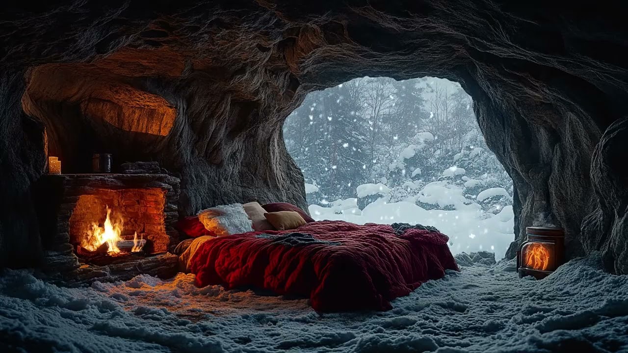 Winter Ambience with Warm Fireplace and Snowfall in Hidden Cave | Relax and Sleep