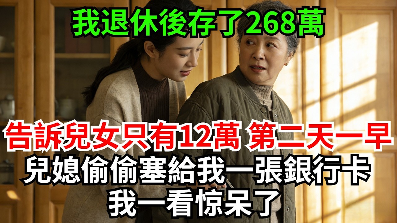 我退休後存了268萬，告訴兒女只有12萬，第二天一早兒媳偷偷塞給我一張銀行卡，我一看呆了【風鈴故事集-獨家】#完結故事#情感故事#爽文#婆媳關系#家庭生活#故事頻道#故事分享#情感#正能量#流量
