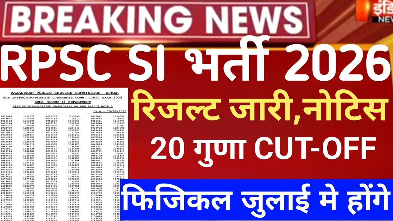 Rajasthan si result 2026/Rpsc si exam CUT-OFF 2026/Rpsc si result 2026/Rpsc si physical test 2026