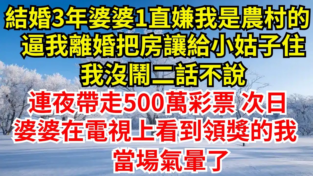結婚3年婆婆始終嫌棄我是農村的，逼我離婚把房讓給小姑子住；我沒鬧二話不說連夜帶走500萬彩票，次日，婆婆在電視上看到領獎的我，氣暈了【檐下故事會】#完結故事#情感故事#爽文#婆媳關系#女频小说
