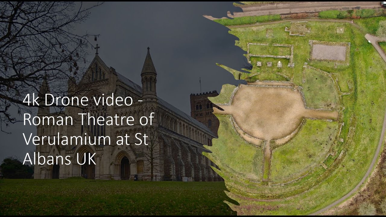 4k Drone video - Roman Theatre of Verulamium at St Albans UK