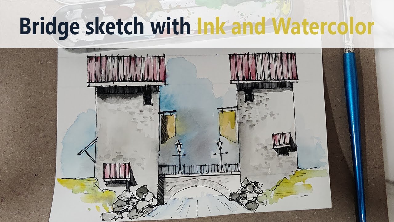 Bridge sketch with ink and watercolor