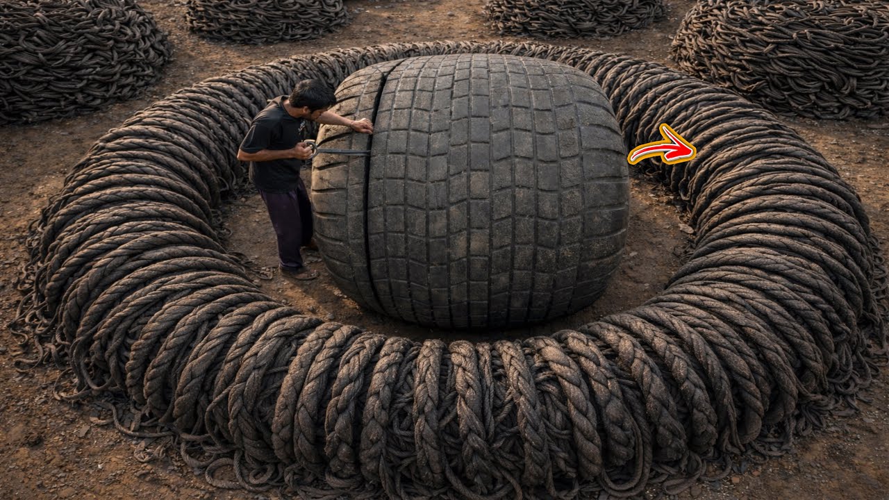 Giant Heavy Machinery Tyre Turned into Strong Flexible Ropes || Incredible Tyre Recycling Process