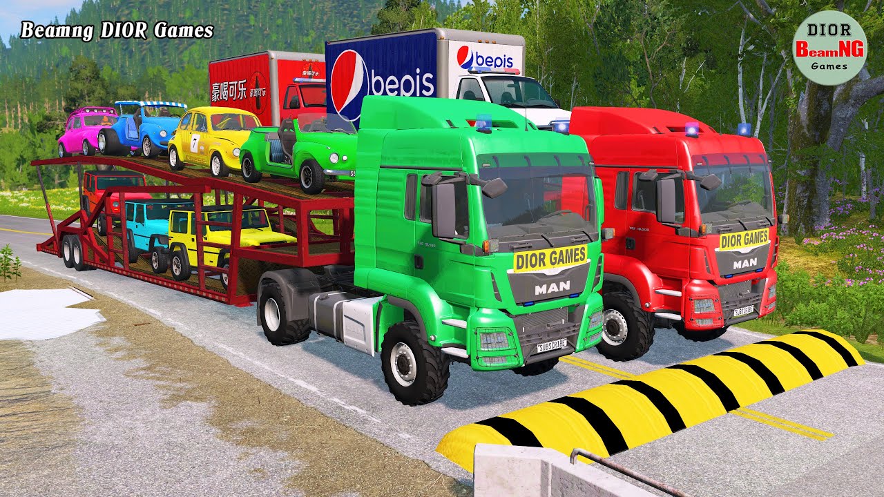 Double Flatbed Trailer Truck vs speed bumps|Busses vs speed bumps|Beamng Drive|620