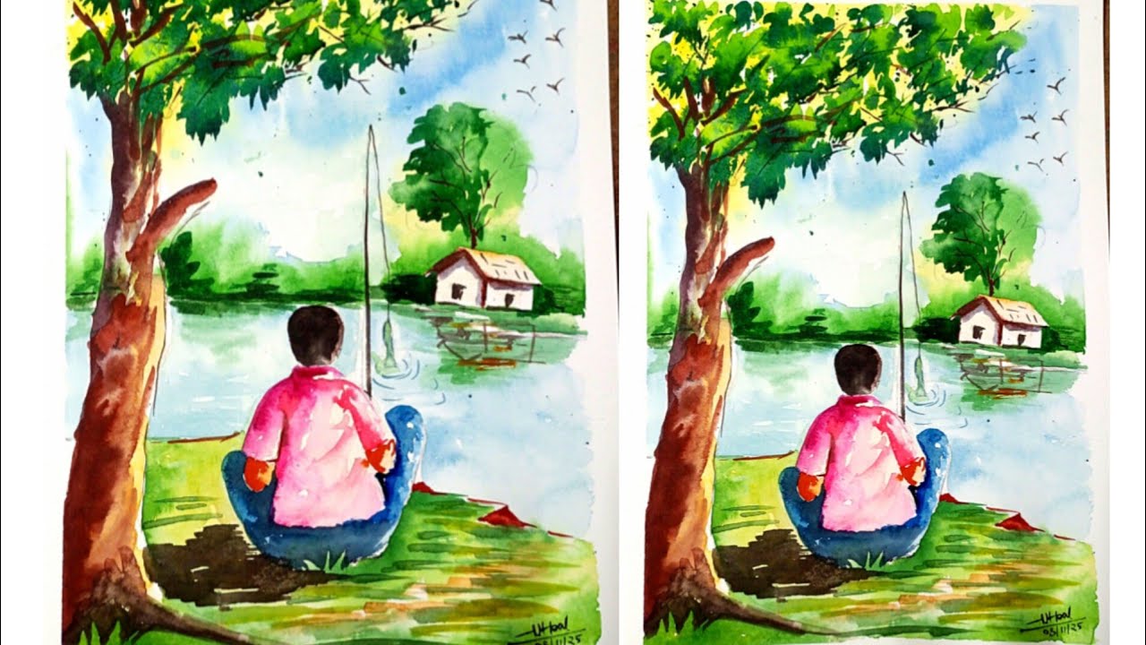 How to draw scenery with figure by water colour for beginners step by step 