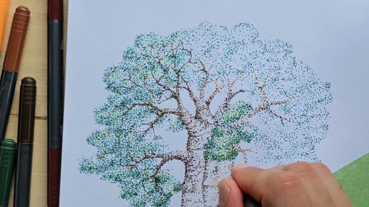 Puntillismo fácil. Árbol con marcadores