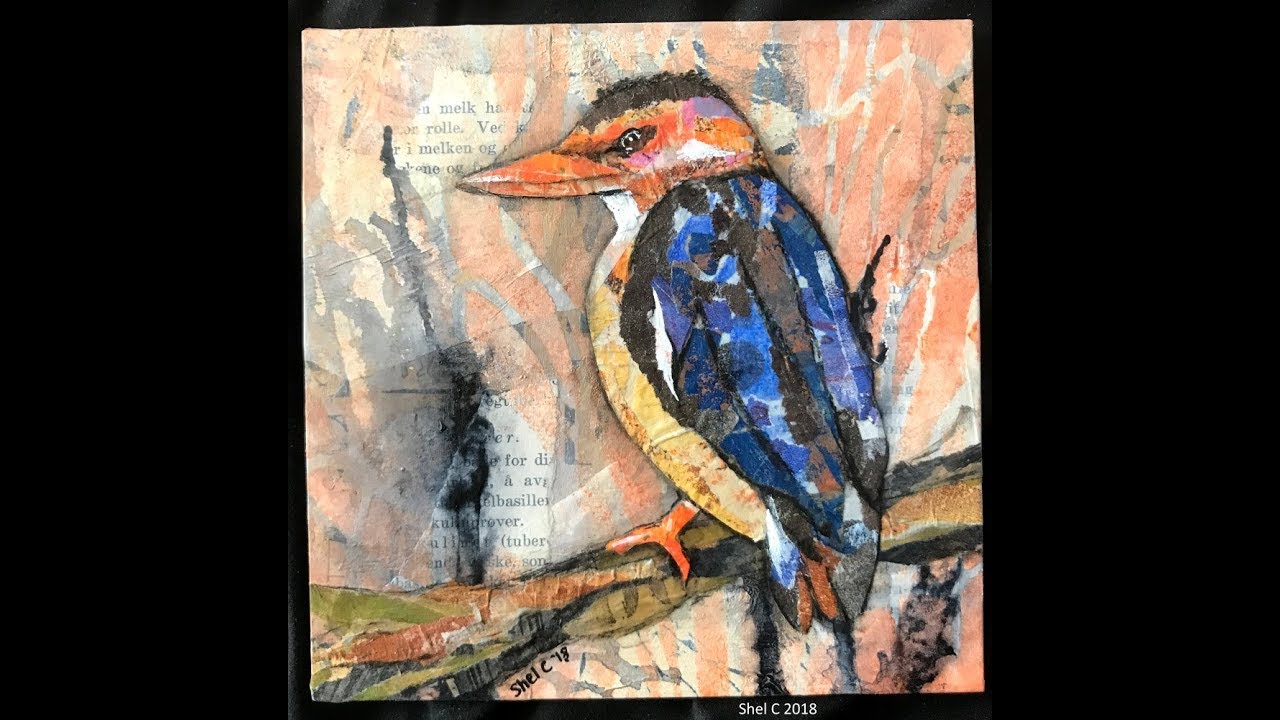 Gel Print Collage Paper Painting Style - African Teal Kingfisher