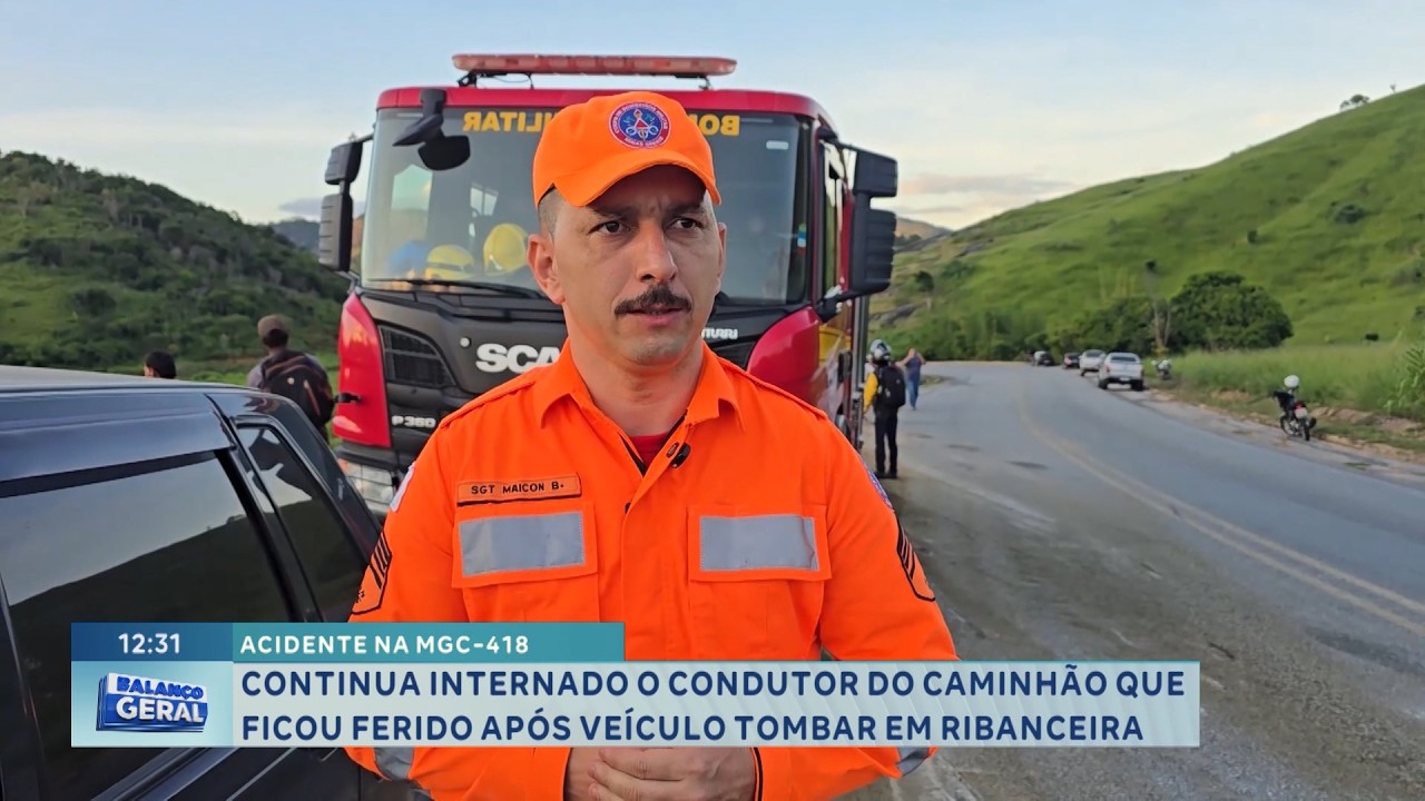 Acidente na MGC-418: Motorista de caminhão segue internado após tombamento em ribanceira.
