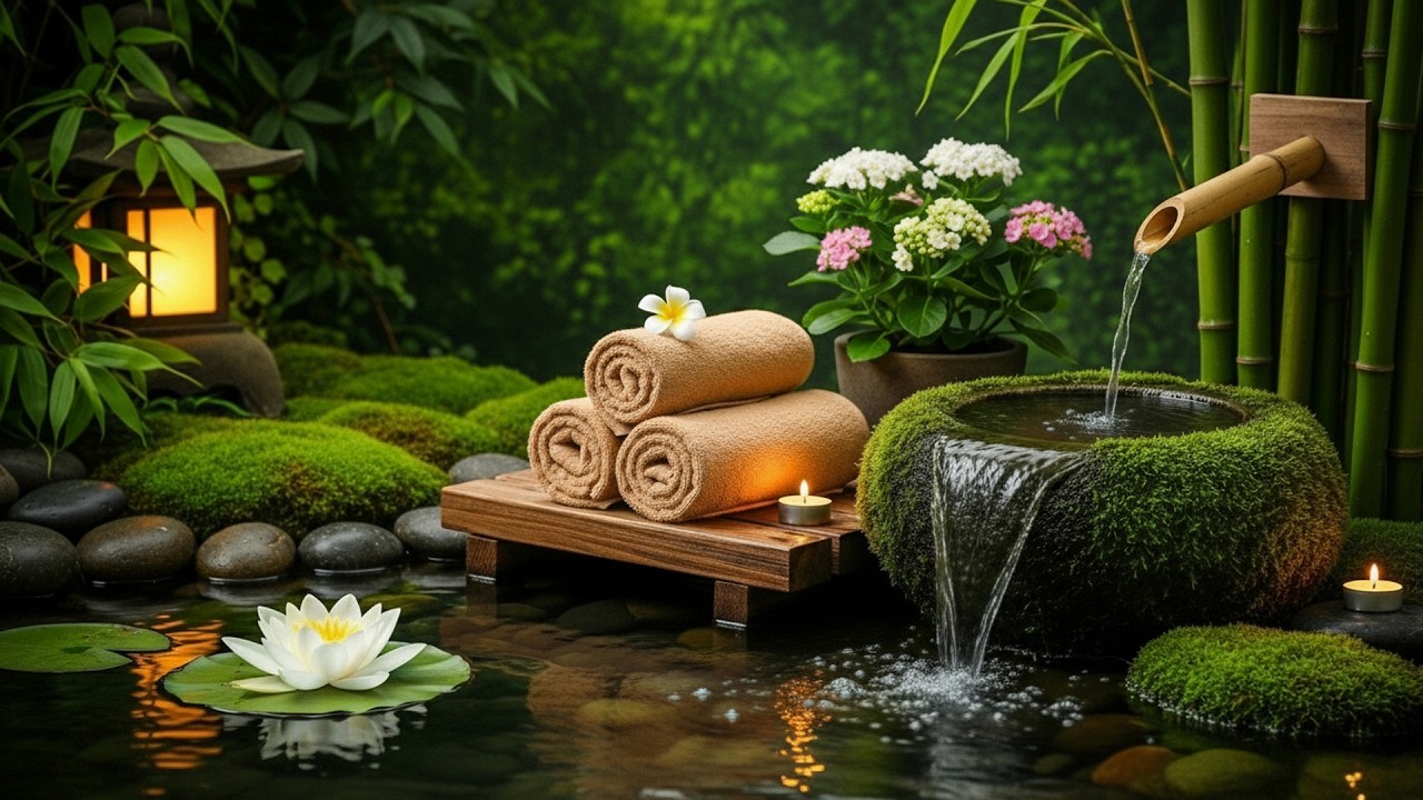 Zen Bamboo Waterfall & Candle Garden 🌿 Relaxing Spa Music for Stress Relief & Deep Sleep