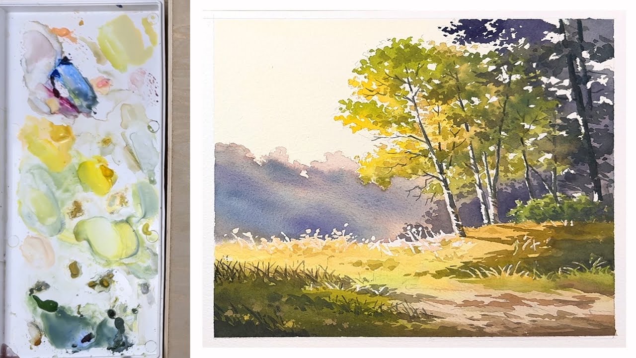 Paint a simple watercolor scene painting in Watercolors