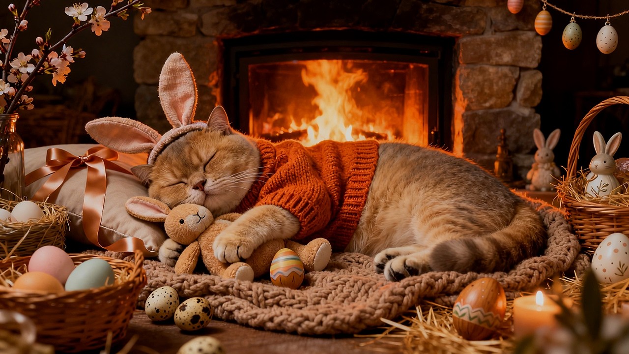 🐰 Cozy Easter Cat by the Fireplace 🔥 Deep Sleep ASMR Ambience