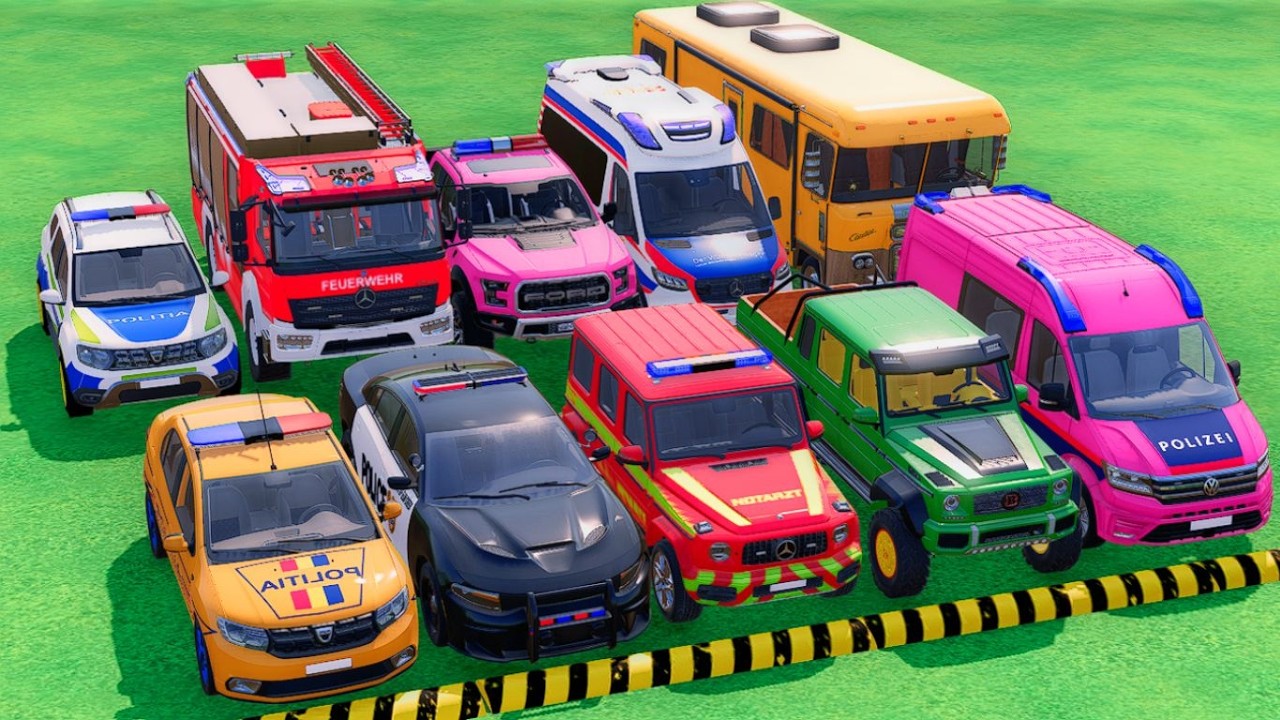 TRANSPORTING POLICE CARS, FIRE DEPARTMENT, AMBULANCE WITH TRAIN, DACIA, FORD, VOLKSWAGEN ! FS22 #39