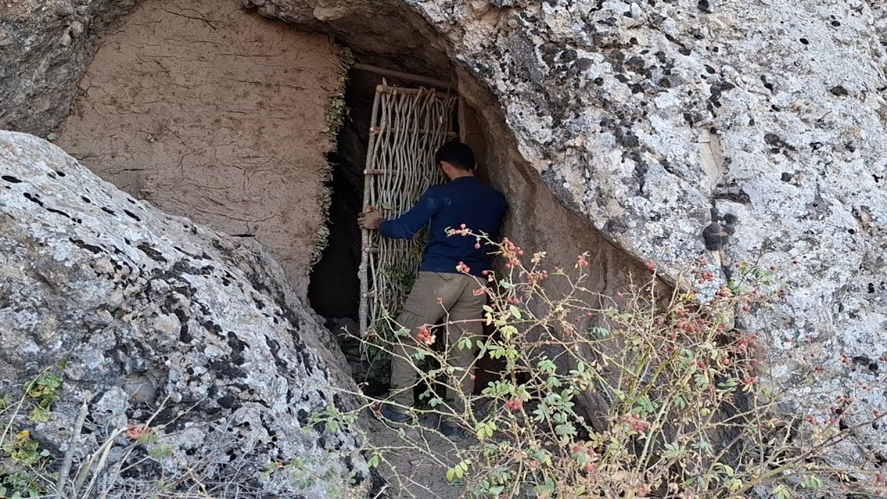 Building a Secret Mountain Rock Shelter (Cozy Fireplace Inside)