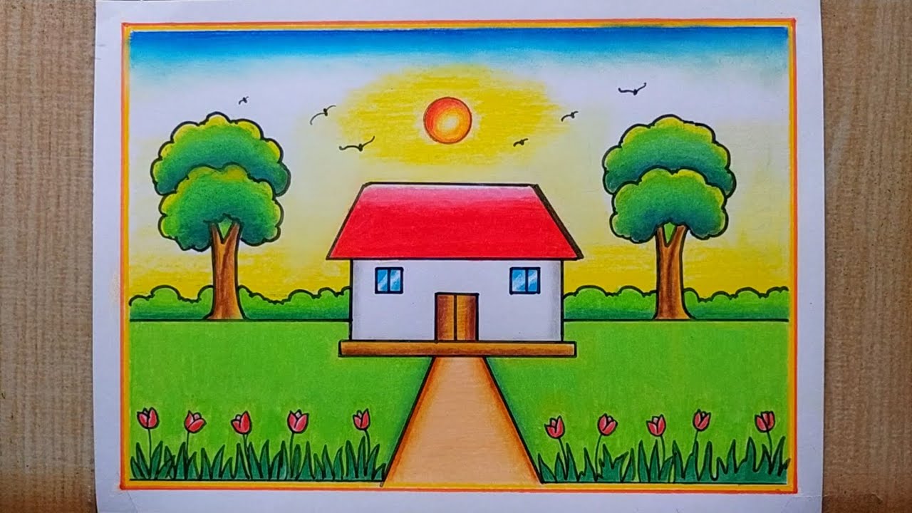 Garden scenery drawing easy|House Scenery drawing| How to draw Garden Scenery| Flower Garden Scenery