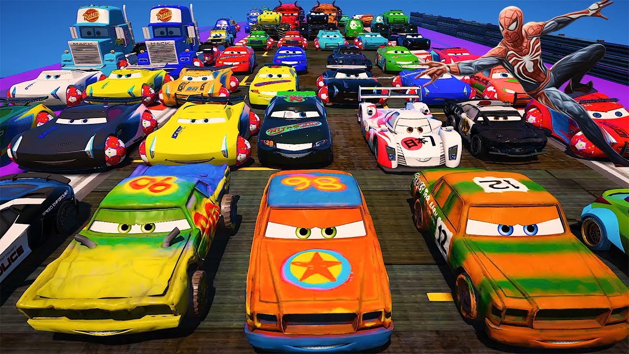 GTA 5 SPIDERMAN Cars Challenge Crazy Ragdolls Disney McQueen MackTruck Jackson Storm Dinoco Fabulous