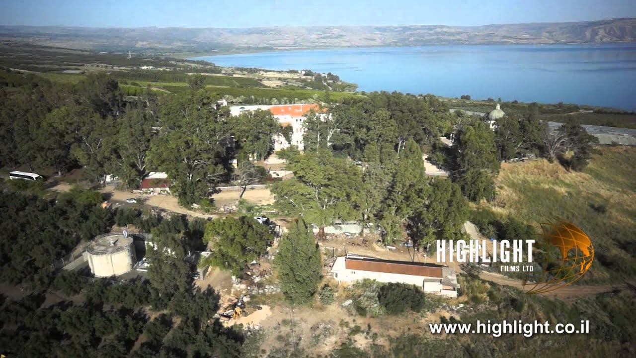 DN004B Aerial drone footage Israel: flying near Sea of Galilee with Golan Heights in background