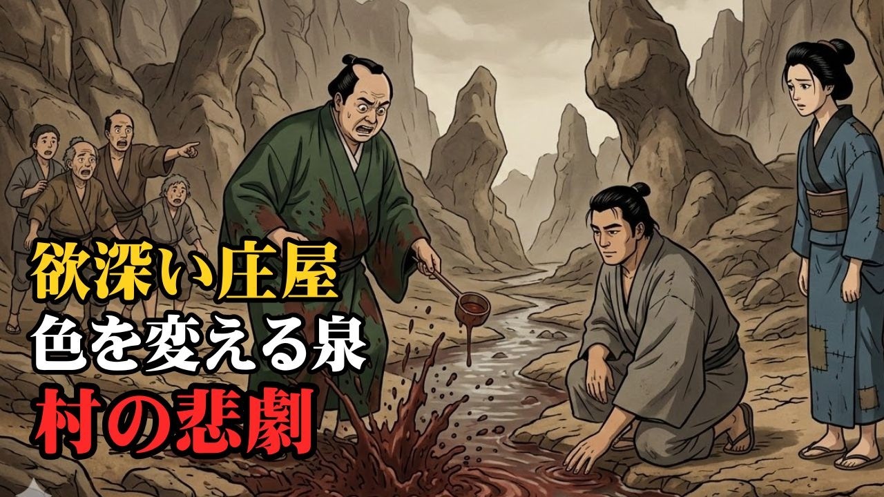 人の心で色を変える不思議な泉。欲深い庄屋が水を汲んだ瞬間、村に悲劇が起きた…